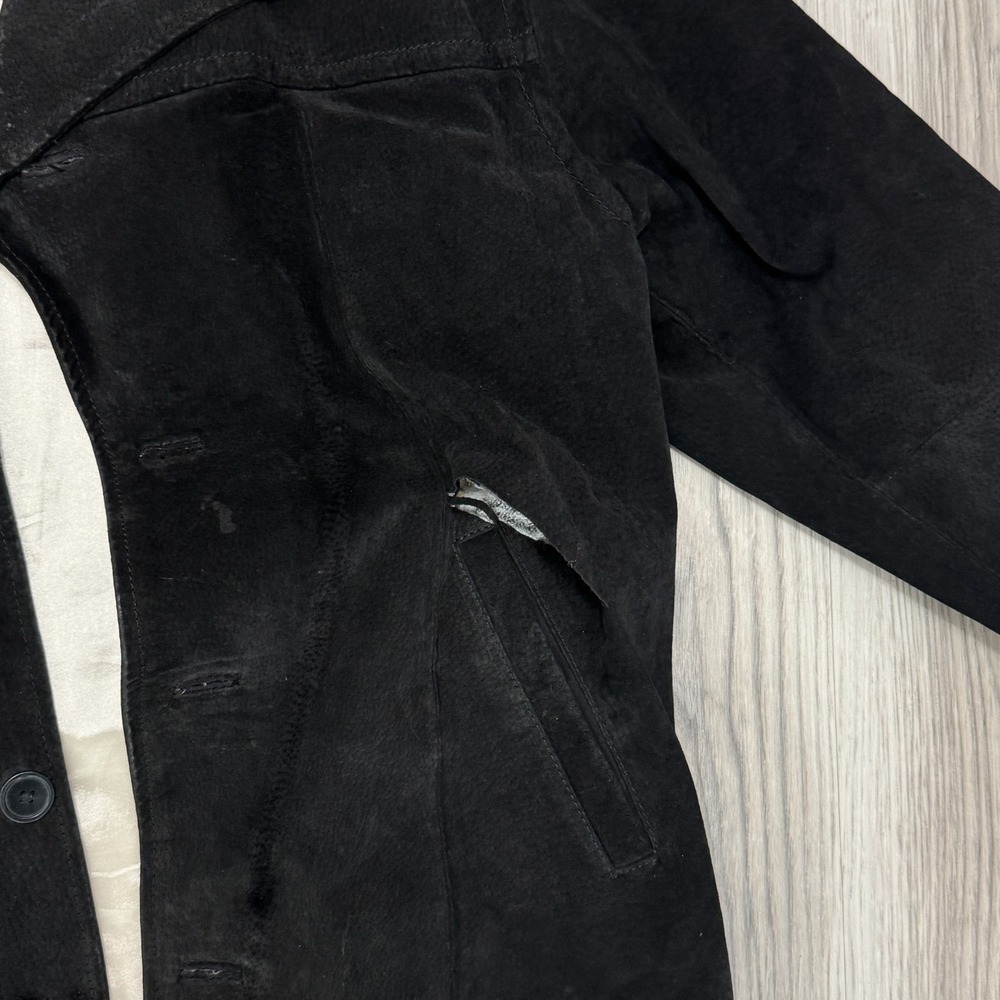 Vintage Black Suede Leather Jacket 26Red Medium Button Front Satin Lined - Picture 3 of 7
